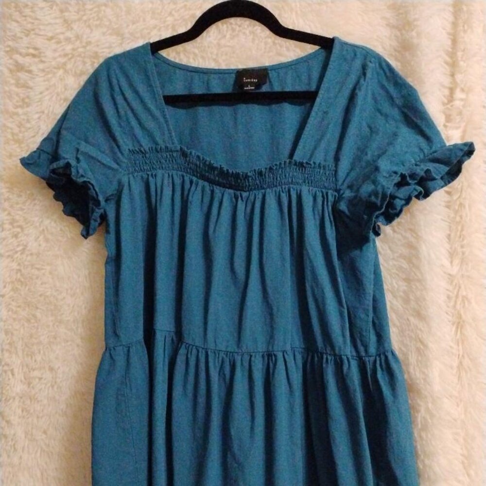 Lumiere Blue Drop Waist Ruffle Sheath Dress EUC Size L